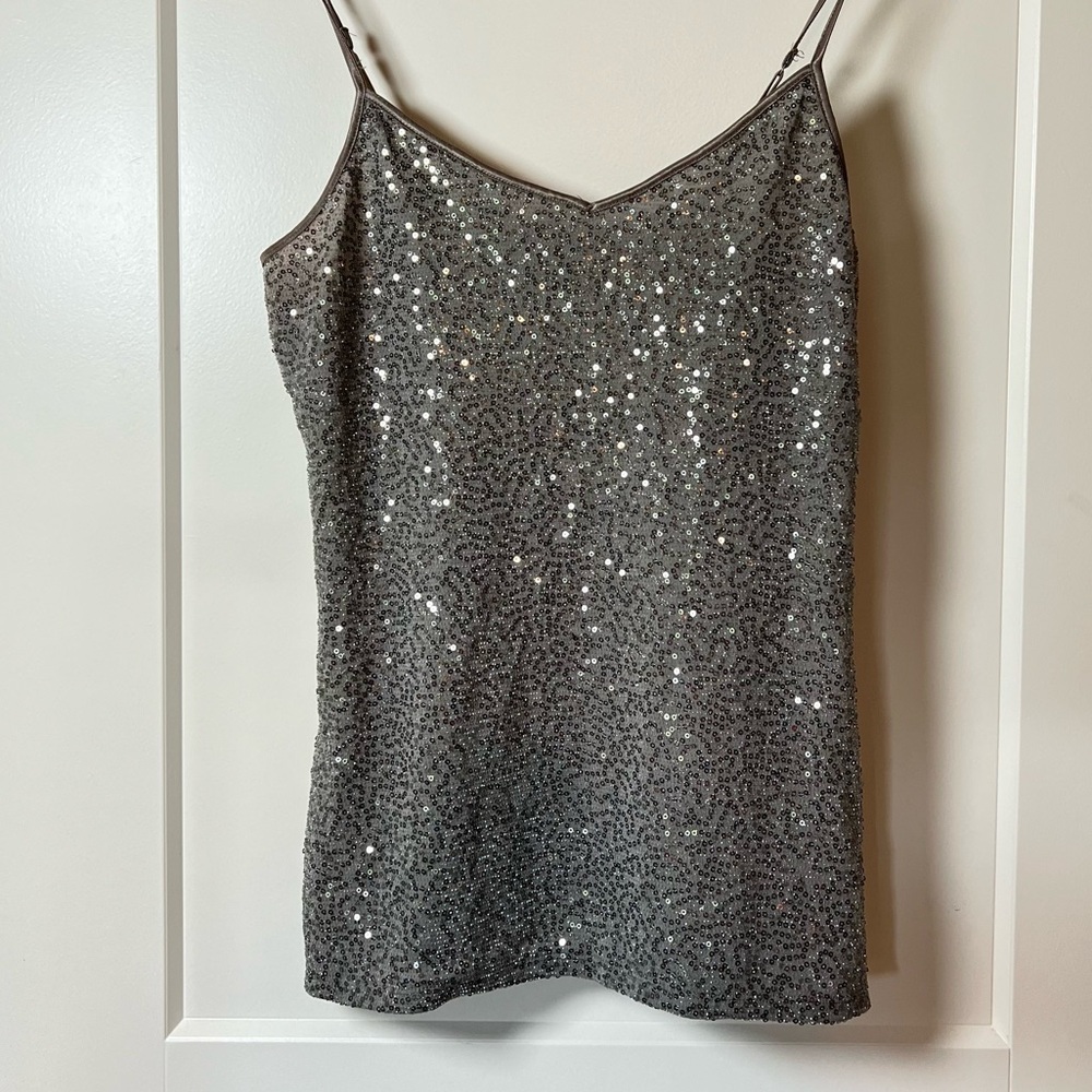 Express Y2K Sparkle Silver & Gray Bedazzled Glitter Cami Spaghetti Strap Top 🏹🩶💍